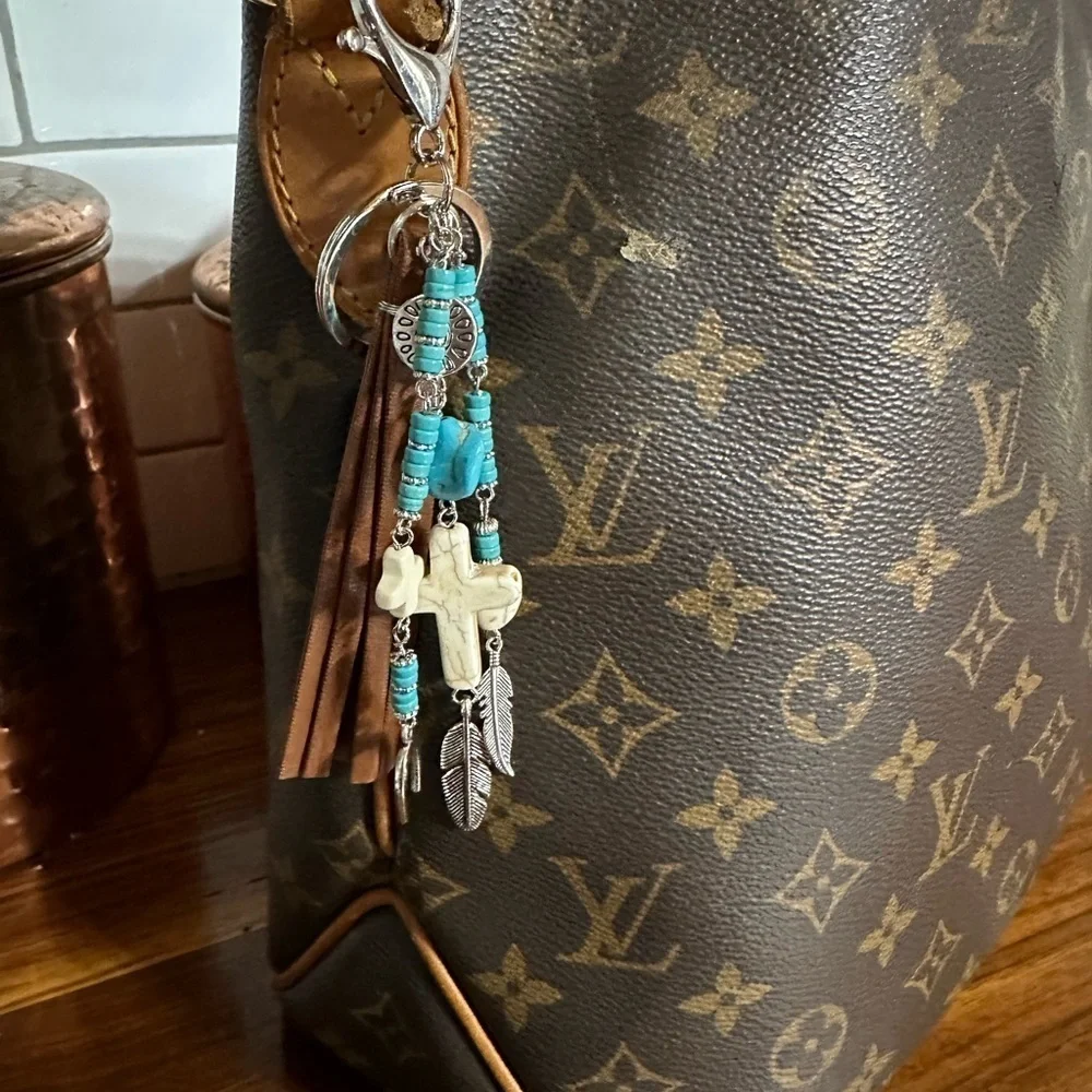Brown and Turquoise Beaded Key Holder or Bag Charm